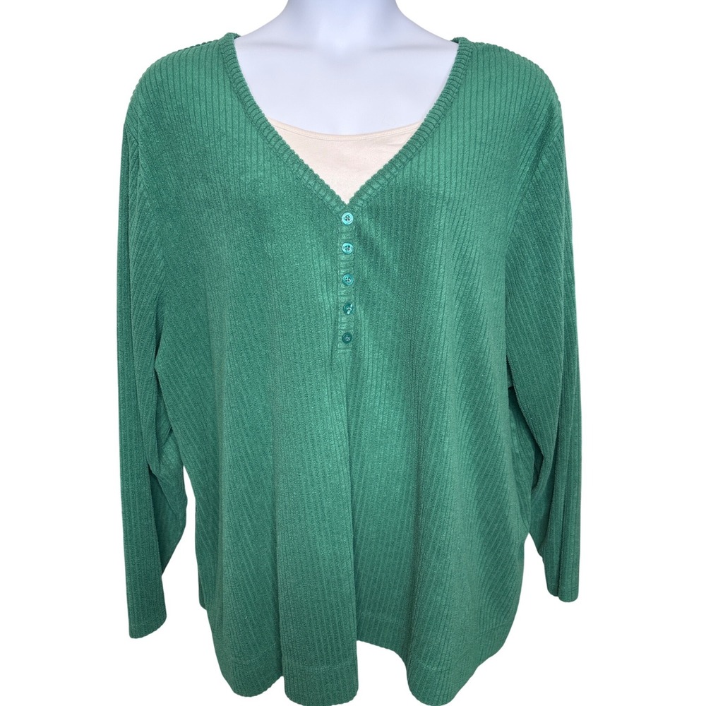 Liz & Me Catherines Womens Green Henley Top Faux V-Neck Sz 4X 30/32 Modest Basic